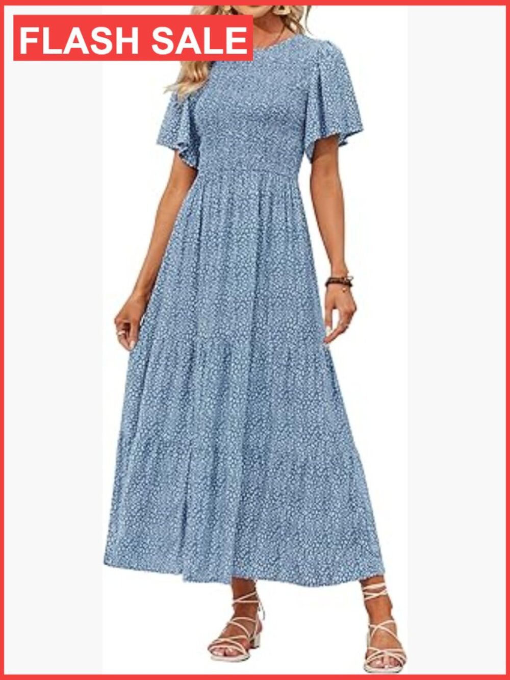 Boho Floral Smocked Maxi Dress | Short Sleeve Flutter Sleeve Summer M-L